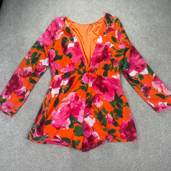 Lulus Orange Pink Floral Print Long Sleeve V Back Romper Jumpsuit Women's Large - Picture 5 of 9
